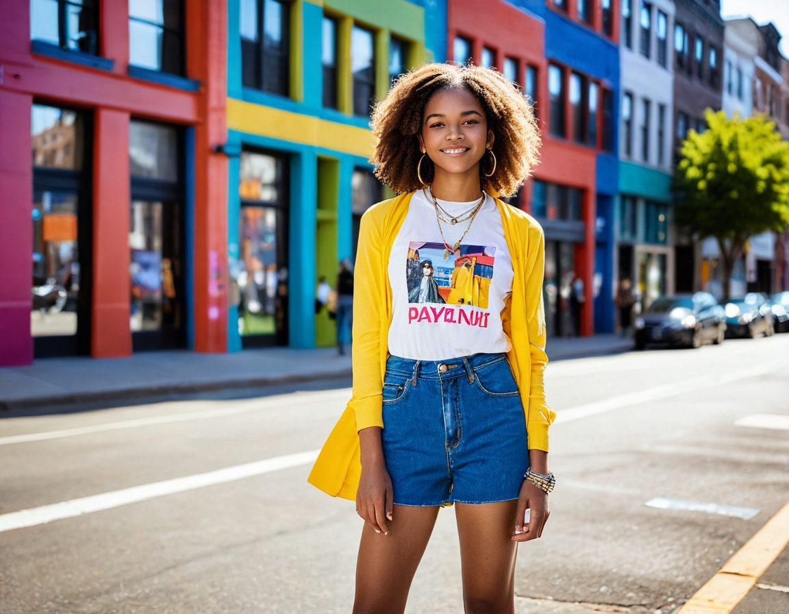 A confident petite teenage girl standing in front of a colorful city backdrop, wearing trendy clothes that reflect her unique style. The scene captures her joy as she navigates bustling streets, with fashion magazine covers floating around her, symbolizing trends and triumphs. Bright sunlight casts cheerful reflections on her, emphasizing empowerment and individuality. vibrant colors. 3D. urban style.