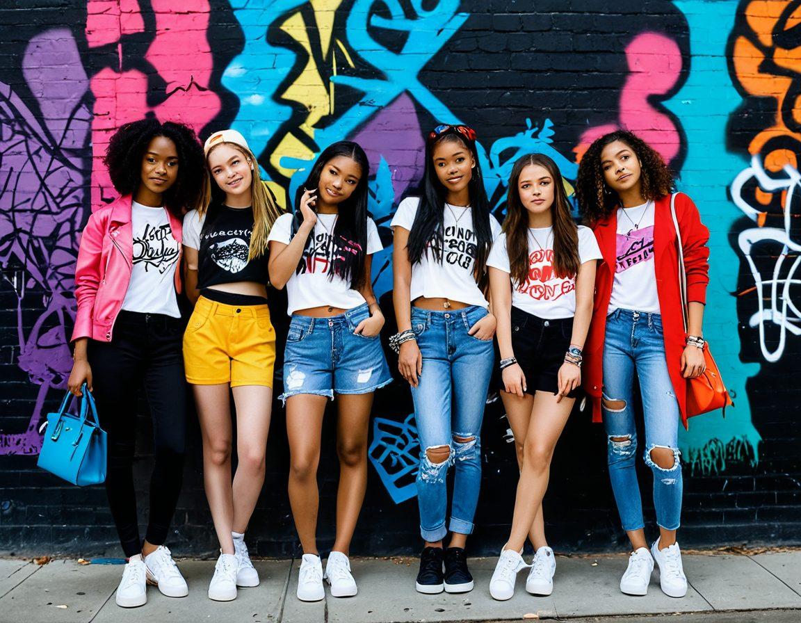 An empowering scene featuring a diverse group of petite teenagers confidently showcasing trendy outfits in a vibrant urban setting. Incorporate elements that reflect a lifestyle of friendship, creativity, and self-expression, like fashion accessories and fun background art. The atmosphere should be uplifting, capturing the essence of empowerment and individuality in fashion. super-realistic. vibrant colors. dynamic composition.